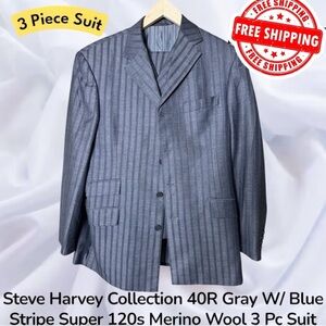 Steve Harvey Collection 40R Gray W/ Blue Stripe Super 120s Merino Wool 3 Pc Suit